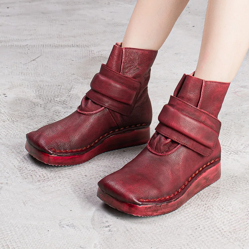 Johnature Platform Boots Women Shoes Genuine Leather Hook& Loop Flat With New Autumn Winter Sewing Handmade Ankle Boots