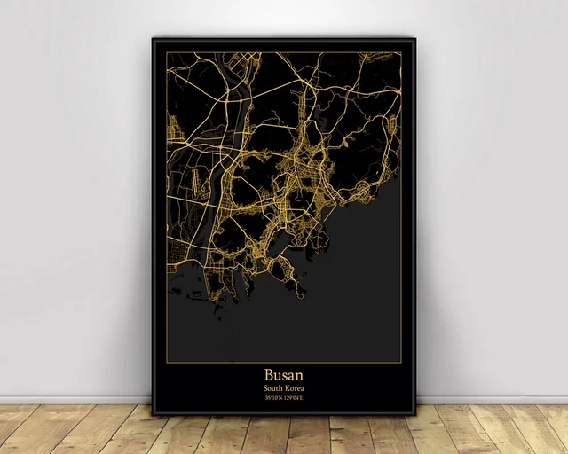 Busan South Korea Black;Gold City Light Maps Custom World City Map Poster Canvas Prints Nordic Style Wall Art Home Decor