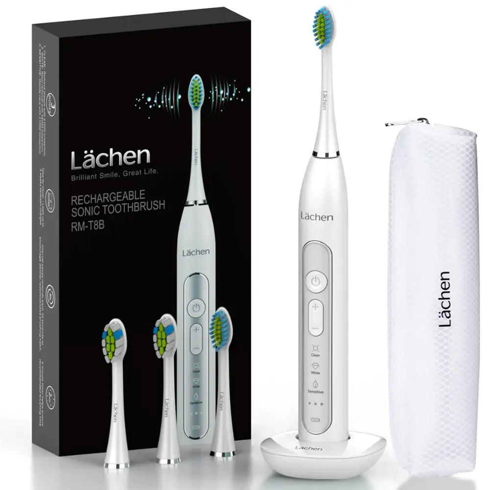 

Lachen T8B Sonic Electric Toothbrush Rechargeable 9 Mode 2 Min Timer 4 Brush Head W/ Charging Base Long Battery Life 60days Gift