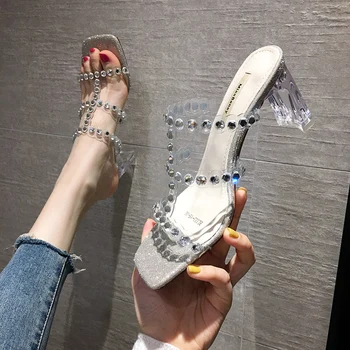 

2020 summer new crystal transparent word drag rhinestone sandals and slippers women wear high heel slippers women