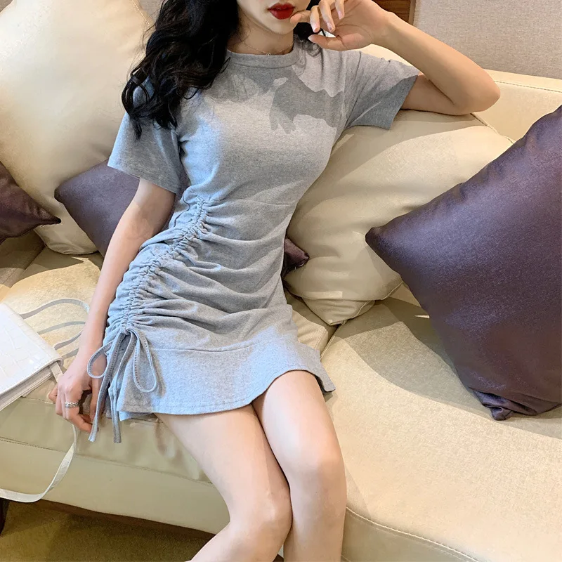 

Spring And Summer 2019 New Style Short Sleeve Sexy Dress Women's High-waisted Short Skirt Flounced Lace-up Drawstring Slim Fit S