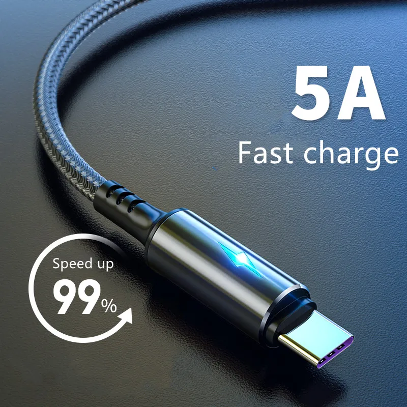LED Indicator Cable 3A Fast Charging For Huawei Mate 40 Samsung Xiaomi Android Mobile Phone Micro USB Type C Cable Wire Cord 2M