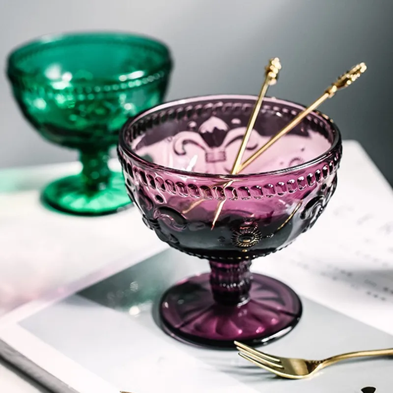 

Embossed Salad Glass Bowl Retro ice Cream Milkshake Fruit and Vegetable Salad Bowl Goblet Wedding Banquet Household Goods