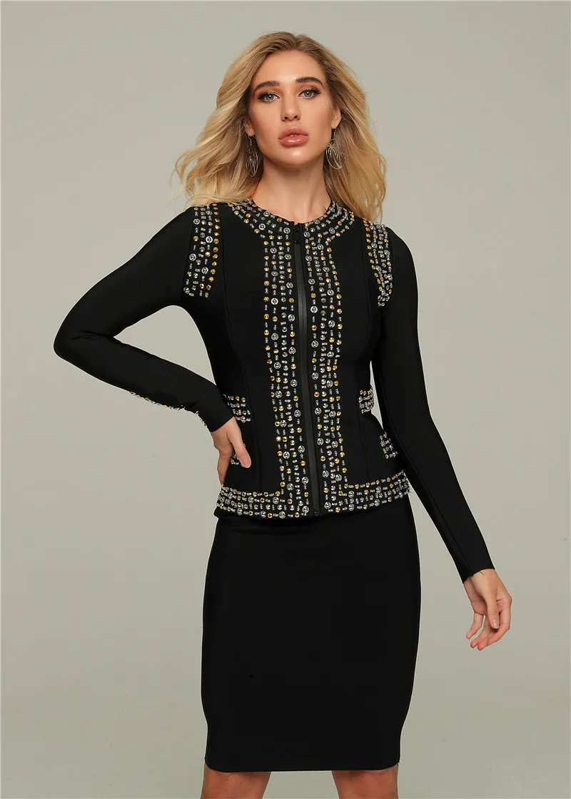 Высокое качество с длинным рукавом бисером Тонкий Bodycon вискоза бандажный Топ женские куртки верхняя одежда