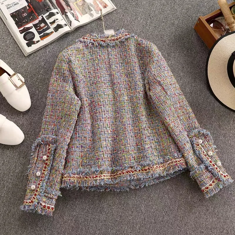 Promo Small fragrance Women Colorful Blue Pink Tweed Jacket Coat Autumn Winter V-neck Long Sleeve Pearls