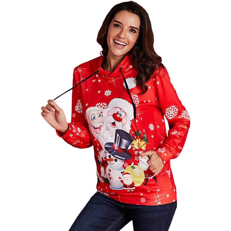 Santa Cluas Snowman Echoine, женские Рождественские толстовки со снежинками, с длинным рукавом, свободные, удобные, пуловеры, повседневные, негабаритные, с капюшоном, Осень-зима - Цвет: Santa Cluas Snowman