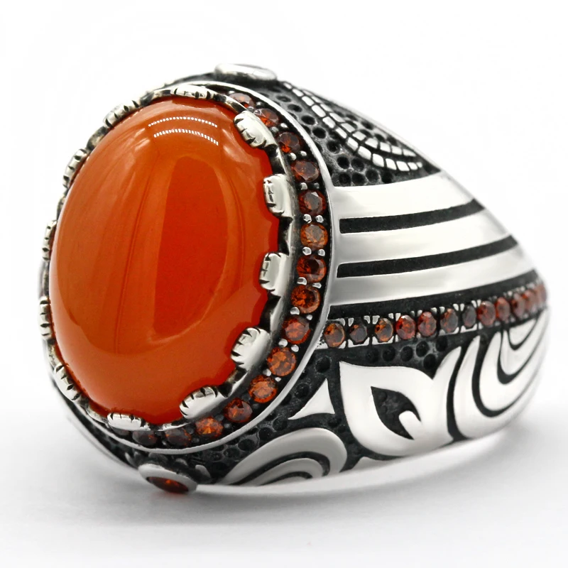 Handmade Natural Red Agate Stone 925 Sterling Silver Men's Ring M30