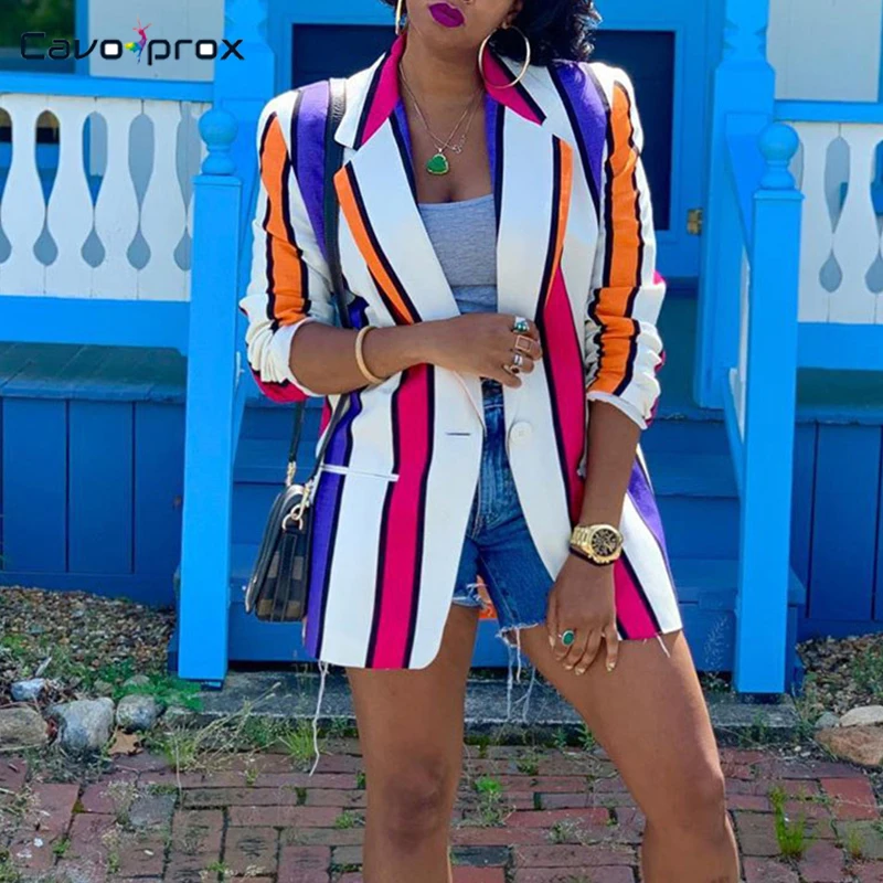 

Women plus size Colorful Stripe Printed Notched Lapel Collar Long Sleeve Single Breasted Blazer Office Lady Strretwear Chic Top