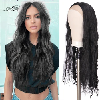

XUANGUANG Lace Front Wigs Wave Center Part Black 28 Inches Lace Front Synthetic Wigs For Women