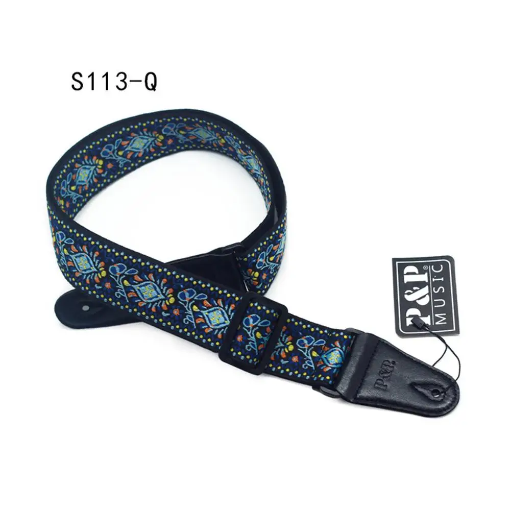 Guitar Strap Embroidery Belt Adjustable Jacquard Band with Leather End for Bass Acoustic Electric Folk Guitar Musical Instrument