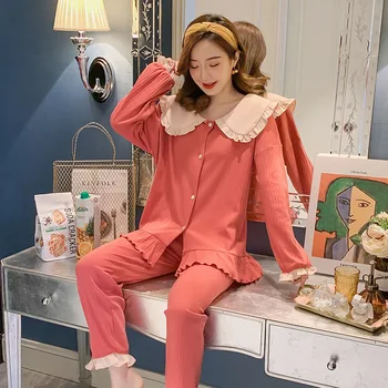 

Red Cotton Lounge 2PCS Pajamas Set Women Long Sleeve Shirt&Pant Home Clothes Sweet Ruffles Sleepwear Spring Autumn New Nightwear