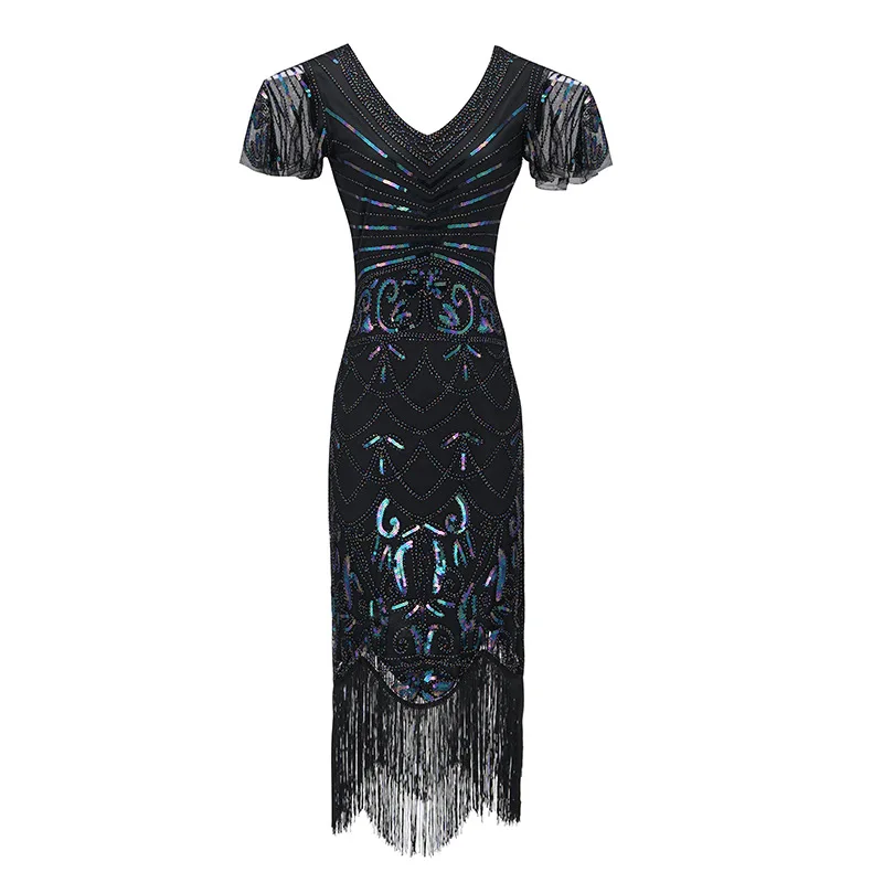 1920s Гэтсби блесток бахромой Пейсли Хлопушка платье с 20s аксессуары набор xs, s, l, m, xl, xxl - Цвет: Black Dress