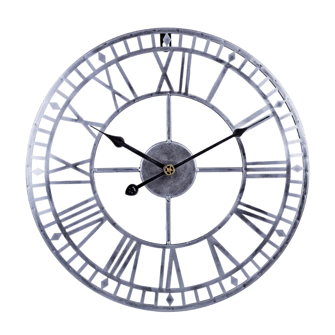 

24 Inches 60cm Iron Hollow Wall Clock Roman Numerals Silent Wall Clock Hanging Clock Home Decor -Retro Silver/Retro Golden/Black