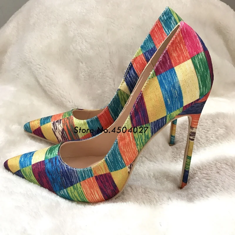 

Colorful Plaid Striped Stiletto High Heels Women Pumps Pointed Toe Footwear Autumn Party Ladies Shoes