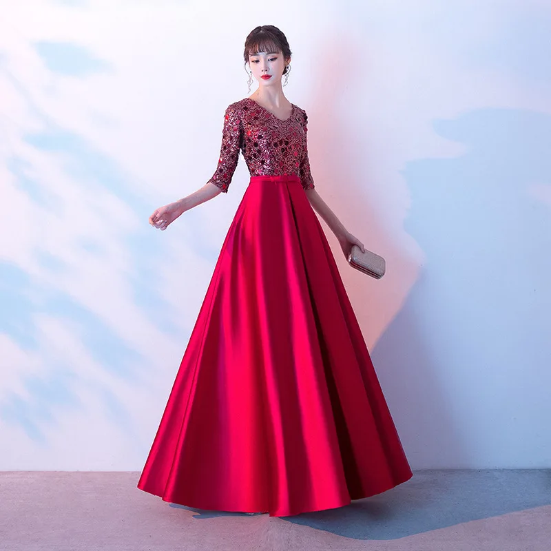 

Bling Sequins Evening Party Dress Chinese Dress Elegant Satin Half Sleeve Robe De Soiree Maxi Prom Dress Women Banquet Dress