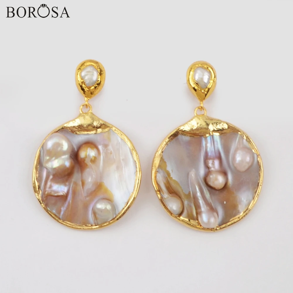 

BOROSA Mother of Pearl Earring, 3/5Pairs Gild Round Natural Pearl Drop Earrings Freeform Freshwater Pearl Women Jewelry G1901-E