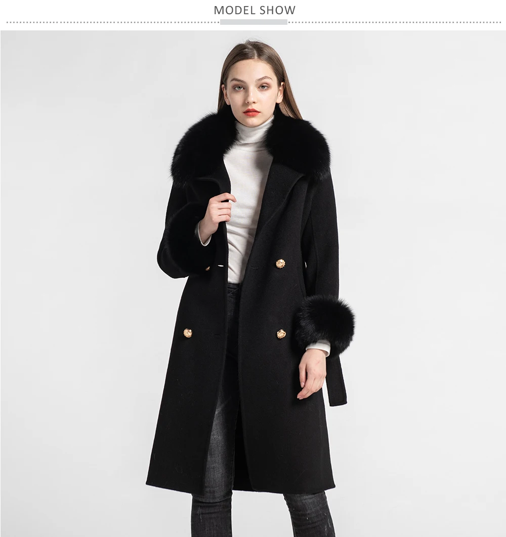 Роскошные женские пальто из натуральной шерсти Модная Меховая куртка воротник из лисьего меха с поясом зимняя теплая кашемировая верхняя одежда S7519