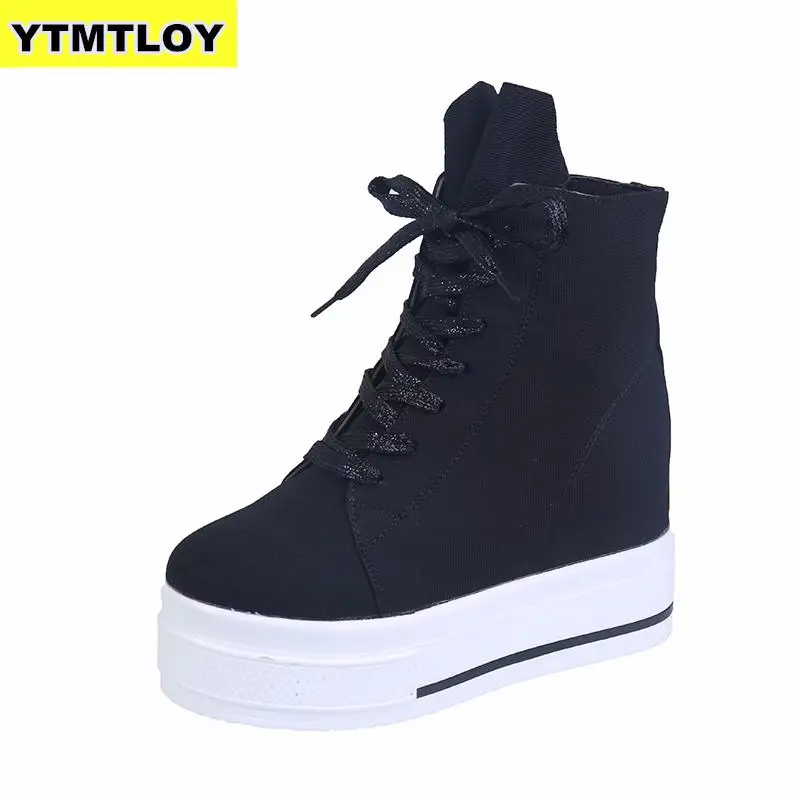 

5CM High Heels Shoes Casual Canvas Platform Top Wedge Sneakers Sequins Ladies Hidden Elevator 2019 White Zapatos De Mujer