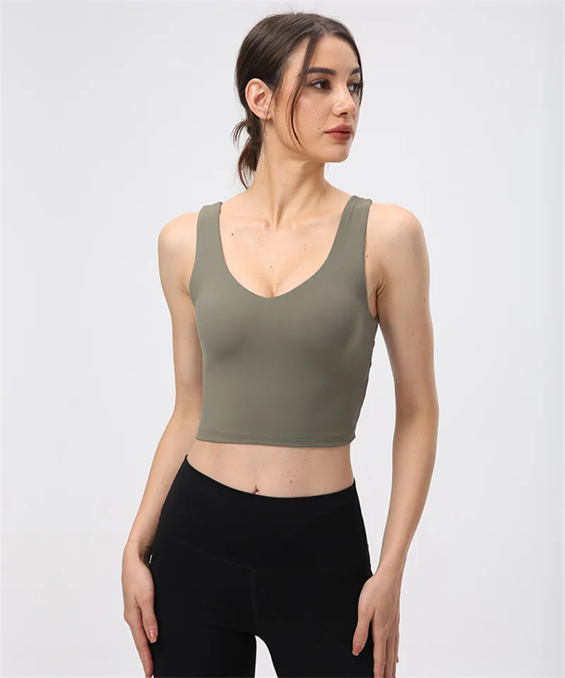 Solid Color Sports Tank Soft Yoga Vest Crop Top Moisture Wicking Tight Fitness Bra Women No Rims Removable Chest Pad Gym Clothes