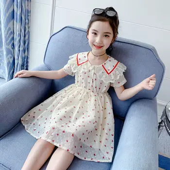 

2020 Summer New Fashion Casual Lace Chiffon Heart Print Kids Children Clothing Toddler Baby Girls Princess Dress Vestidos W245