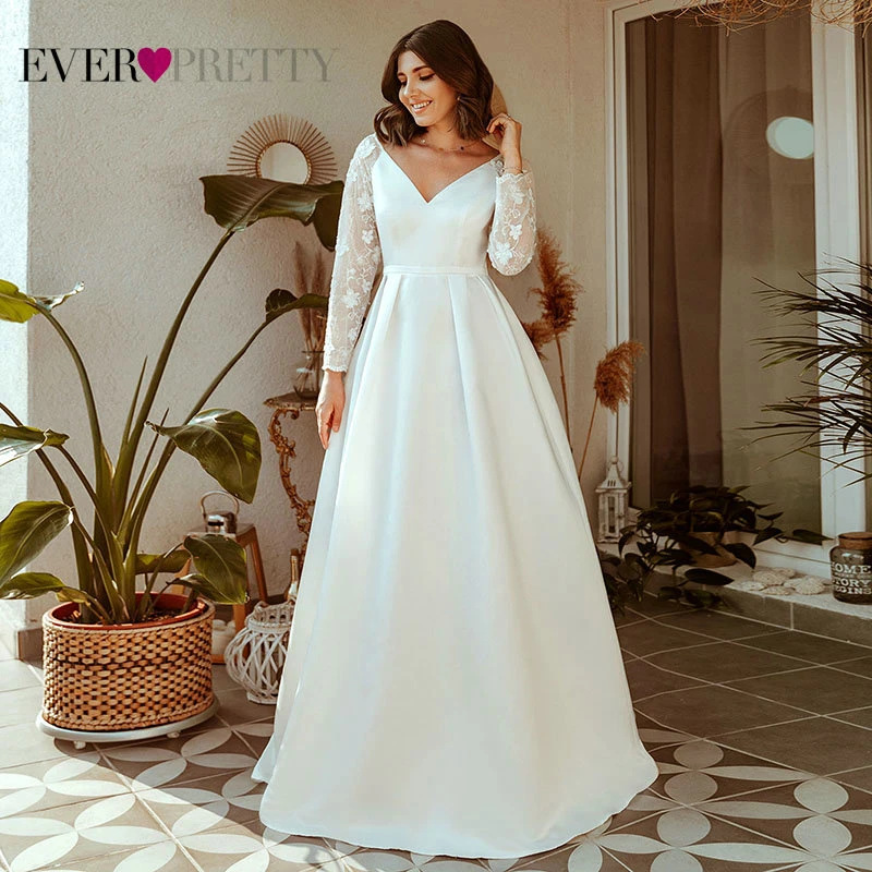 Ever Pretty vestidos De novia EP00707WH, ropa De boda elegante con cuello en V, larga, ilusión De encaje|Vestidos de novia| - AliExpress