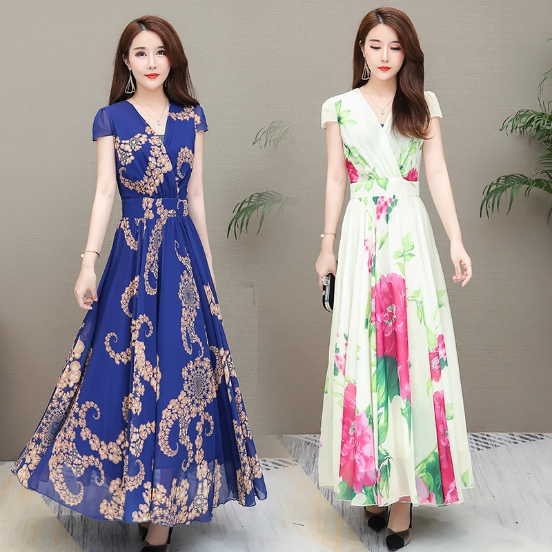 

2020 Spring Women Clothing Demperament V-neck Printing Chiffon Short Sleeve Dress Ankle-Length Swing Beach Vacation Dress