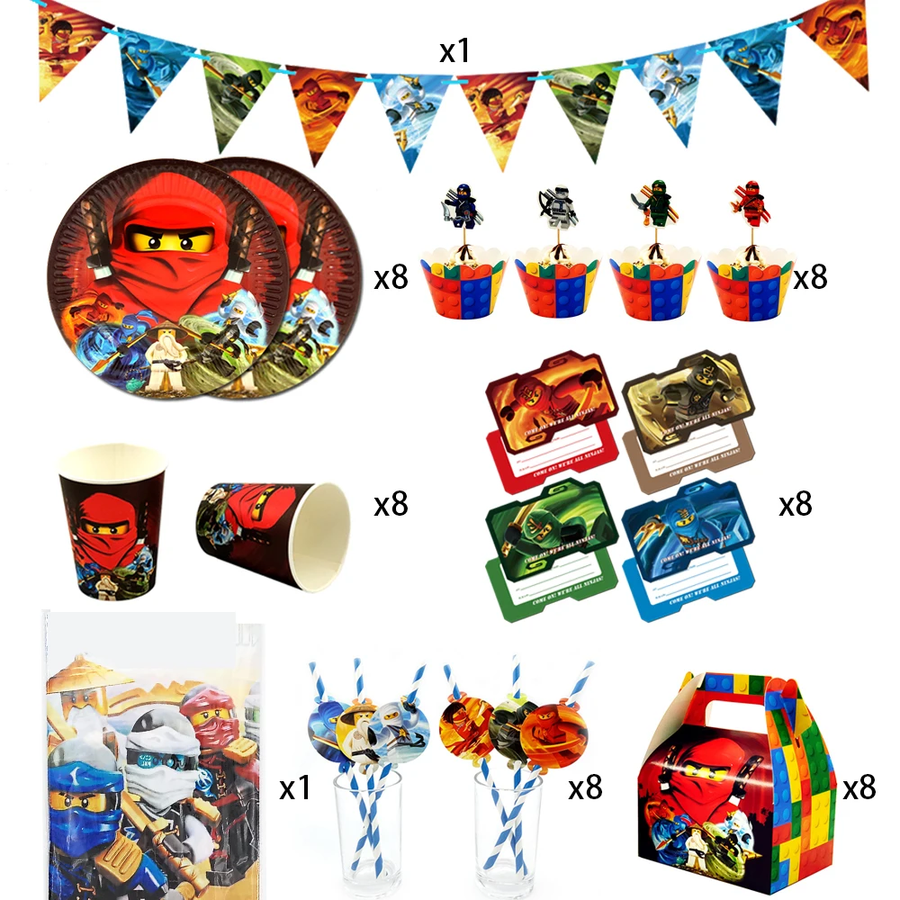 Вечерние принадлежности 58 шт. для 8 детей Ninjagoing тематическая вечеринка на день рождения украшения набор посуды, тарелка+ чашка+ соломинка+ флаг+ стол