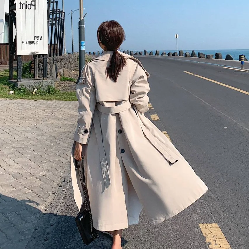 

Photo Shoot Main Push INS Big Brand Sense of Design Back Single Breasted Slit Waist Hugging Lace-up Blue Trench Coat Long Coat W