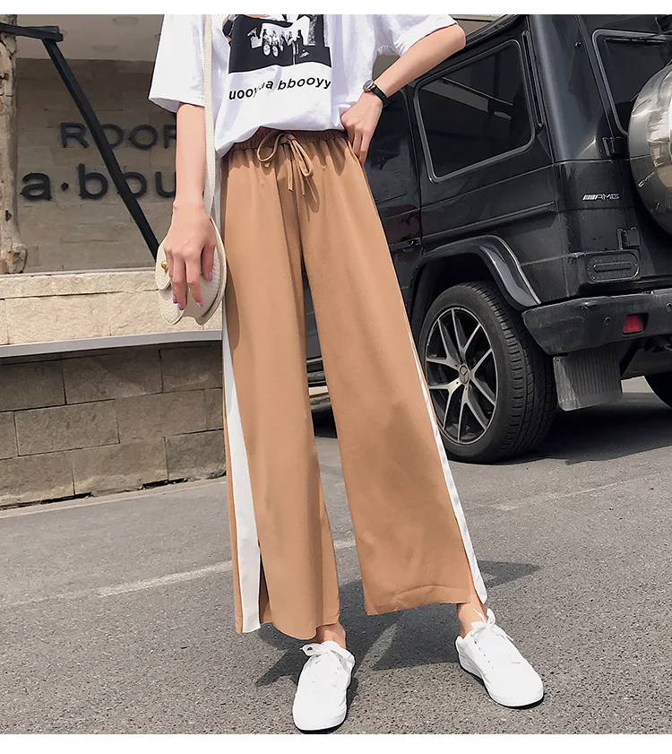 

2019 Summer Wear New Style Korean-style High-waisted Straight-Cut Students Loose-Fit Chiffon Drape Slit Capri Pants Loose Pants