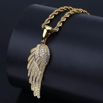 

Bling Golden Angel Wings Pendants Necklaces for Men Gold Filled Copper Paved AAA+CZ Crystal Bling Hip Hop Rapper Jewelry Anillo