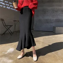 FMFSSOM, Женская юбка, зимняя, плиссированная, высокая талия, эластичная, сумка, бедра, юбка, вязаная, рыбий хвост, юбка для женщин