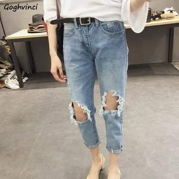 

Trousers Women Hole Loose Ankle-length Denim High Waist Jeans Womens All Match Pockets Females Hot Sale Zipper Fly Comfortable