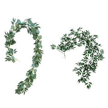 

1.8M Artificial Fake Eucalyptus Willow Leaves Green Plants Green & 2Meter Artificial Eucalyptus Leaves Vine Greenery