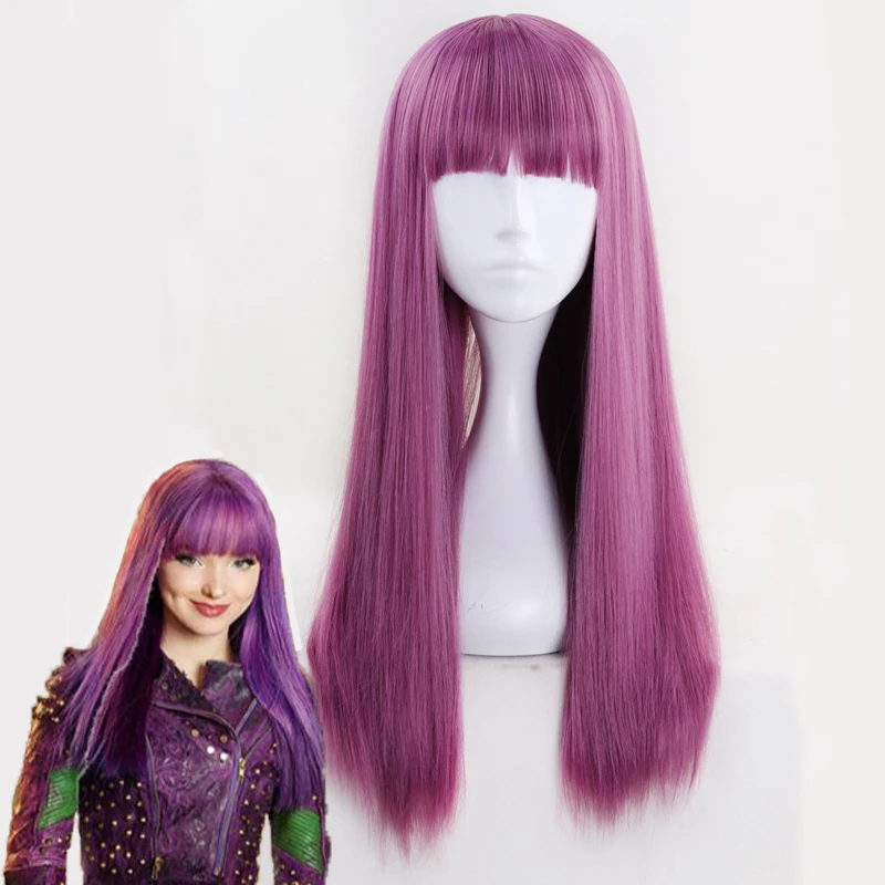 

Descendants 2 Mal Cosplay Wigs Mal Purple Mix Wig Women Long Straight Heat Resistant Synthetic Hair With Wig Hat Halloween Prop