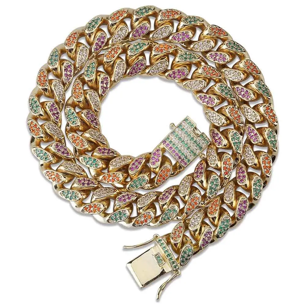 

14mm Rainbow Colorful Iced Out Cuban Necklace Chain Men Gold Silver Color Hip Hop CZ stone Bling Fashion Big Necklaces