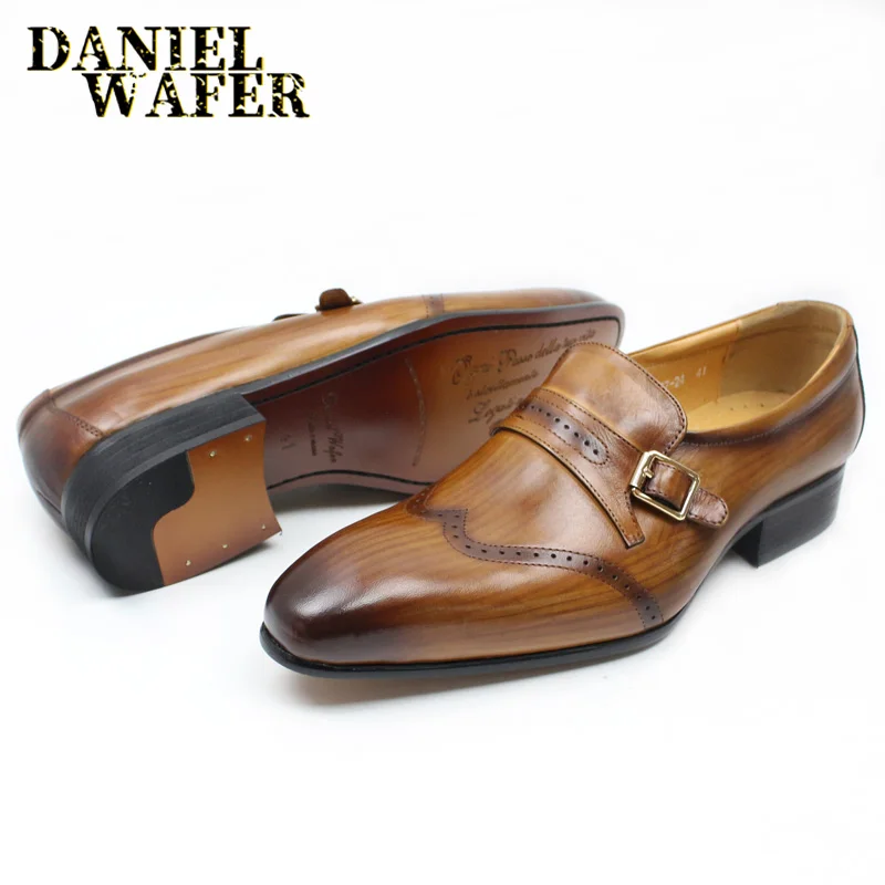 

LUXURY GENUINE LEATHER MEN SHOES HANDMADE MONK STRAP SLIP ON WINGTIP BROWN BLACK SHOES CASUAL OFFICE WEDDING MEN LOAFERS SHOES