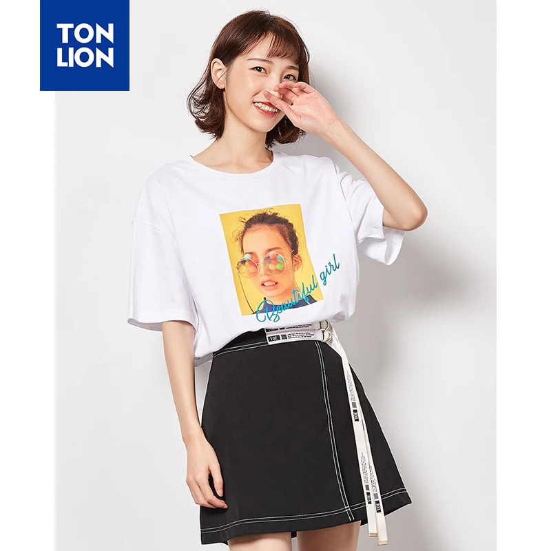 

TONLION 3 Colors Cotton T Shirts Women 16-28 Years Old Loose Tees Tops Black White Round Neck Tshirts Short Sleeve Summer 2020