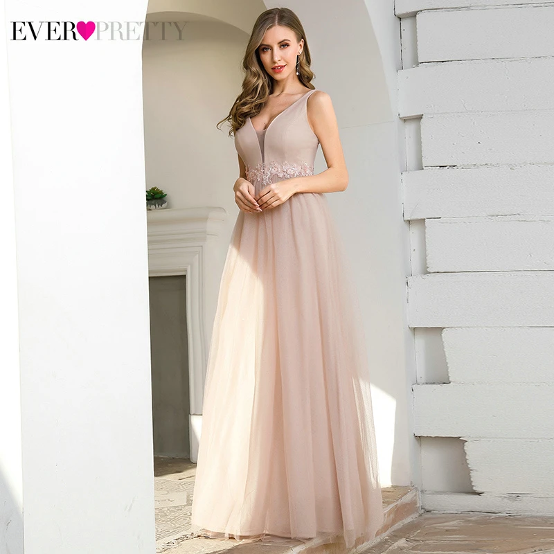 Pink Prom Dresses Ever Pretty EP00780PK Appliques A-Line Deep V-Neck Sleeveless Elegant Gala Dresses For Party Vestido Formatura
