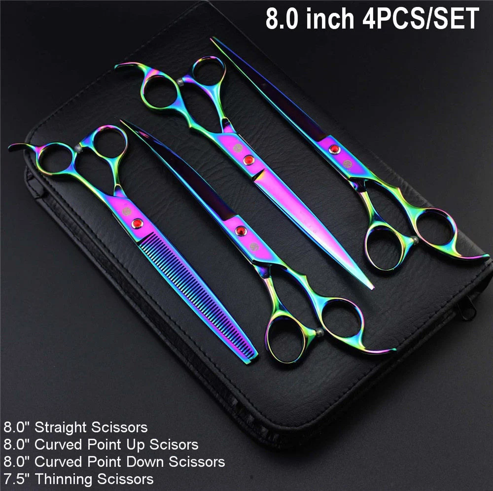 Professional Pet Grooming Scissors Set 7 inch 8 inch Hair Cutting Thinning Curved Pet Clipper Dog Shears 4pcs/set and Bag