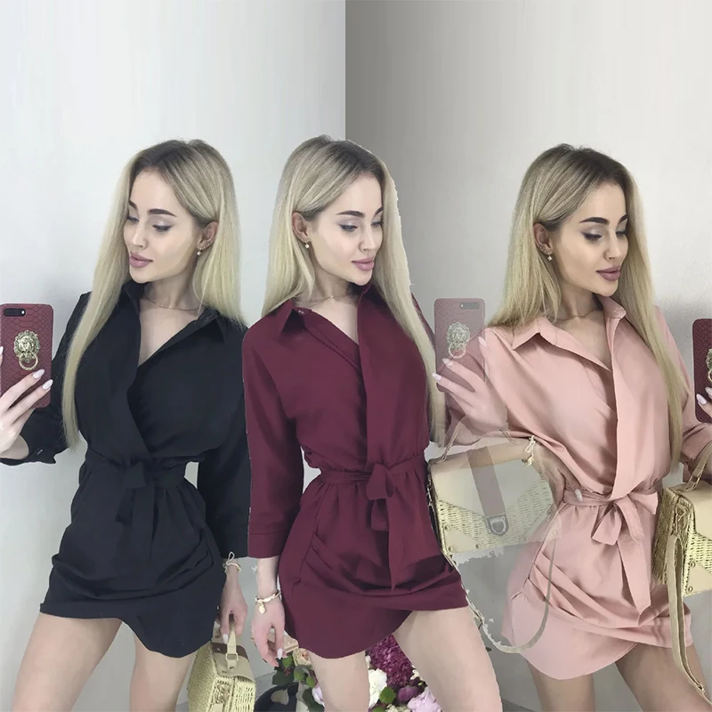 

Women Vintage Sashes A-line Mini Party Dress Long Sleeve Turn Down Collar Solid Elegant Casual Dress 2020 Spring Fashion Dress