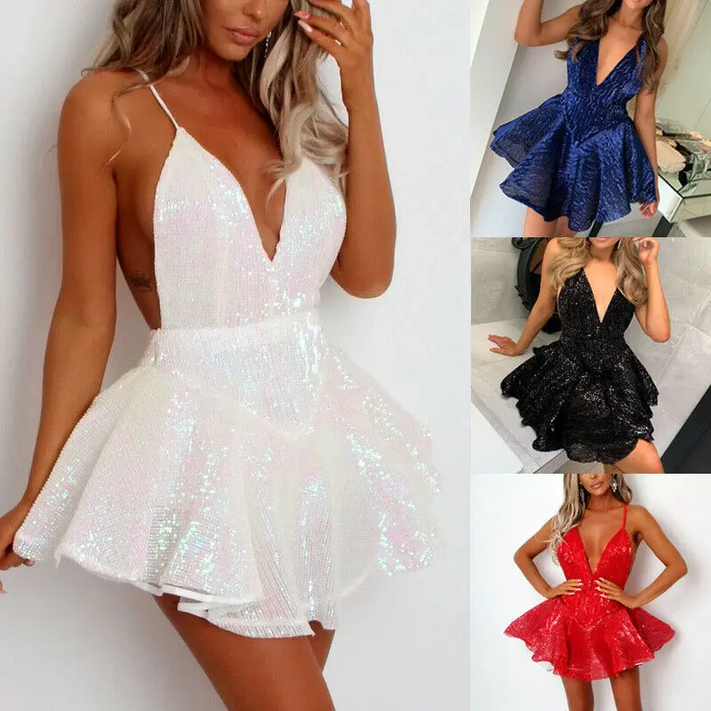 

2020 Women Fashion Solid Color Glitter Deep-V Neck Mini Dress Ladies Sexy Backless Clubwear Black White Blue Red Night Club