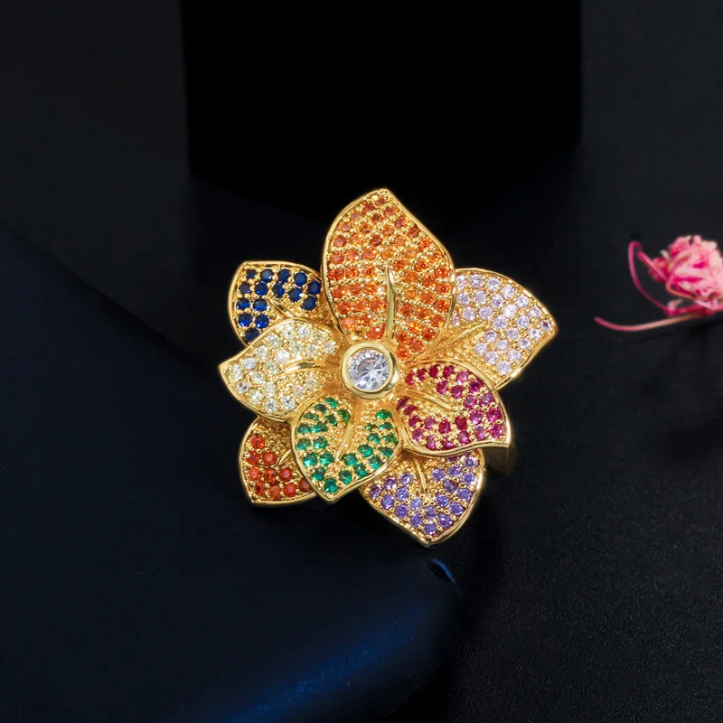 Yellow Gold CWWZircons 3D Большой многоцветный цветок регулируемые Открытые Кольца для женщин черное золото кубический цирконий обручение Свадебные украшения R142 - Цвет основного камня: Yellow Gold
