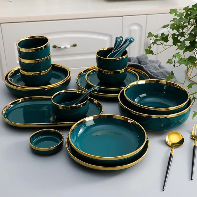 Gilt Rim Green Ceramic Plate Steak Food Plates Bowls Ins Dinner Dish Luxurious Porcelain Dinnerware Set For Family Hotel