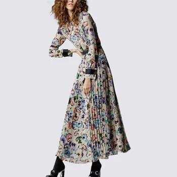 

My bun Printed Dress Women's Autumn And Winter Western Style Casual French Dress Long-Style Elegant Underwear Pleated Skirt