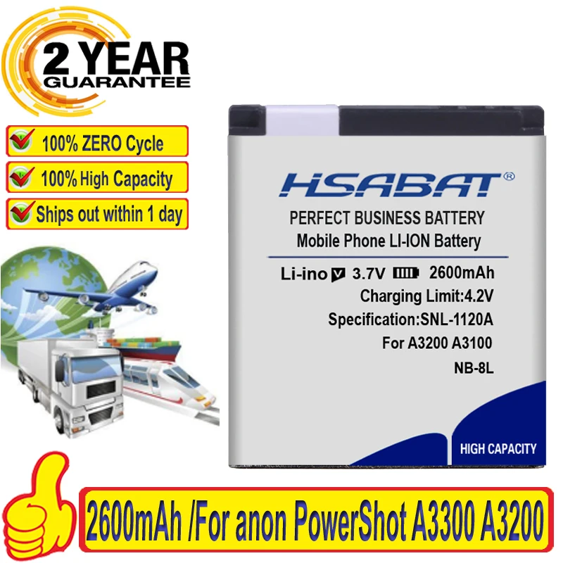 Топ-бренд 100% Новинка 2600 мАч NB-8L Аккумулятор для Canon PowerShot A3300 A3200 A3100 A3000 A2200 A1200 IS