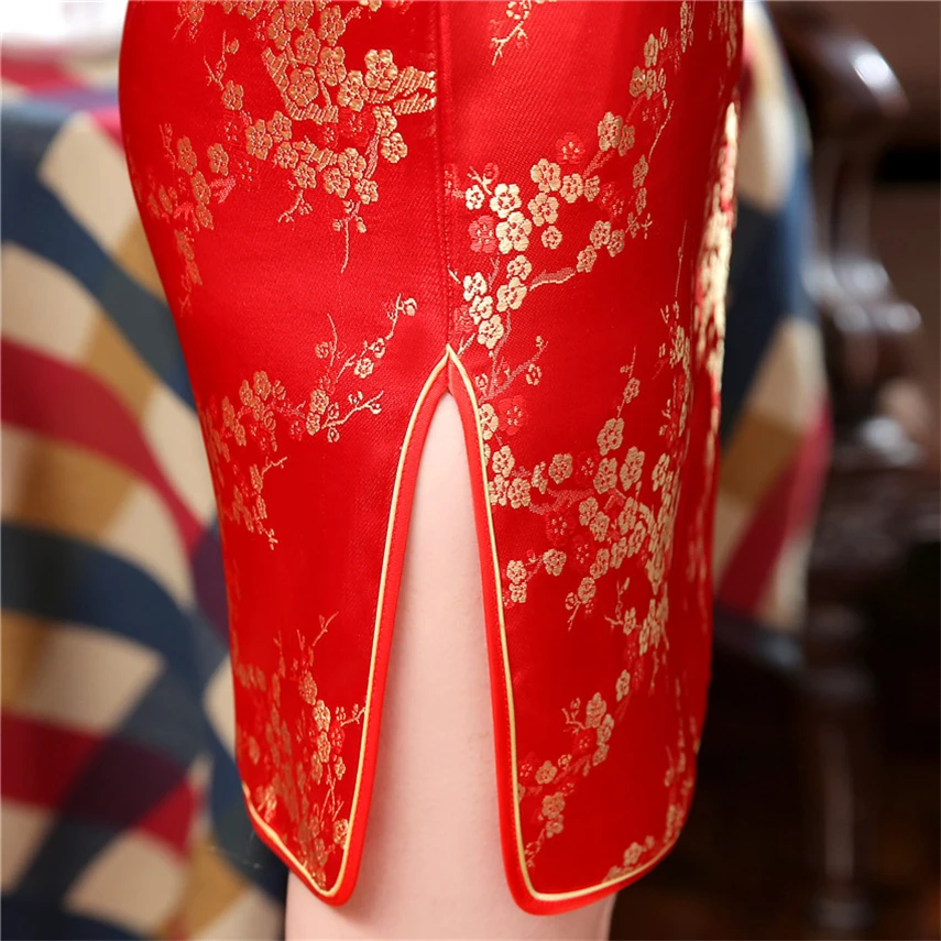 16Color Satin Chinese Traditional Dress for Women Qipao Short Vintage Dragon Print Red China Style Wedding Cheongsam S-6XL