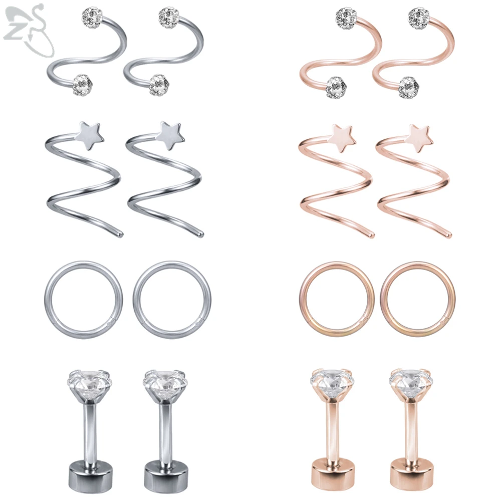 

ZS 8 Pcs/lot Trendy Stainless Steel Earring Crystal Stud Earrings Helix Cartilage Ear Piercing For Women Girls Boucle D'oreille