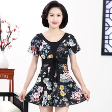 Короткий рукав, платье для плавания размера плюс, женская одежда для плавания, Цельный купальник с принтом, Ретро стиль, пляжная юбка, большой размер