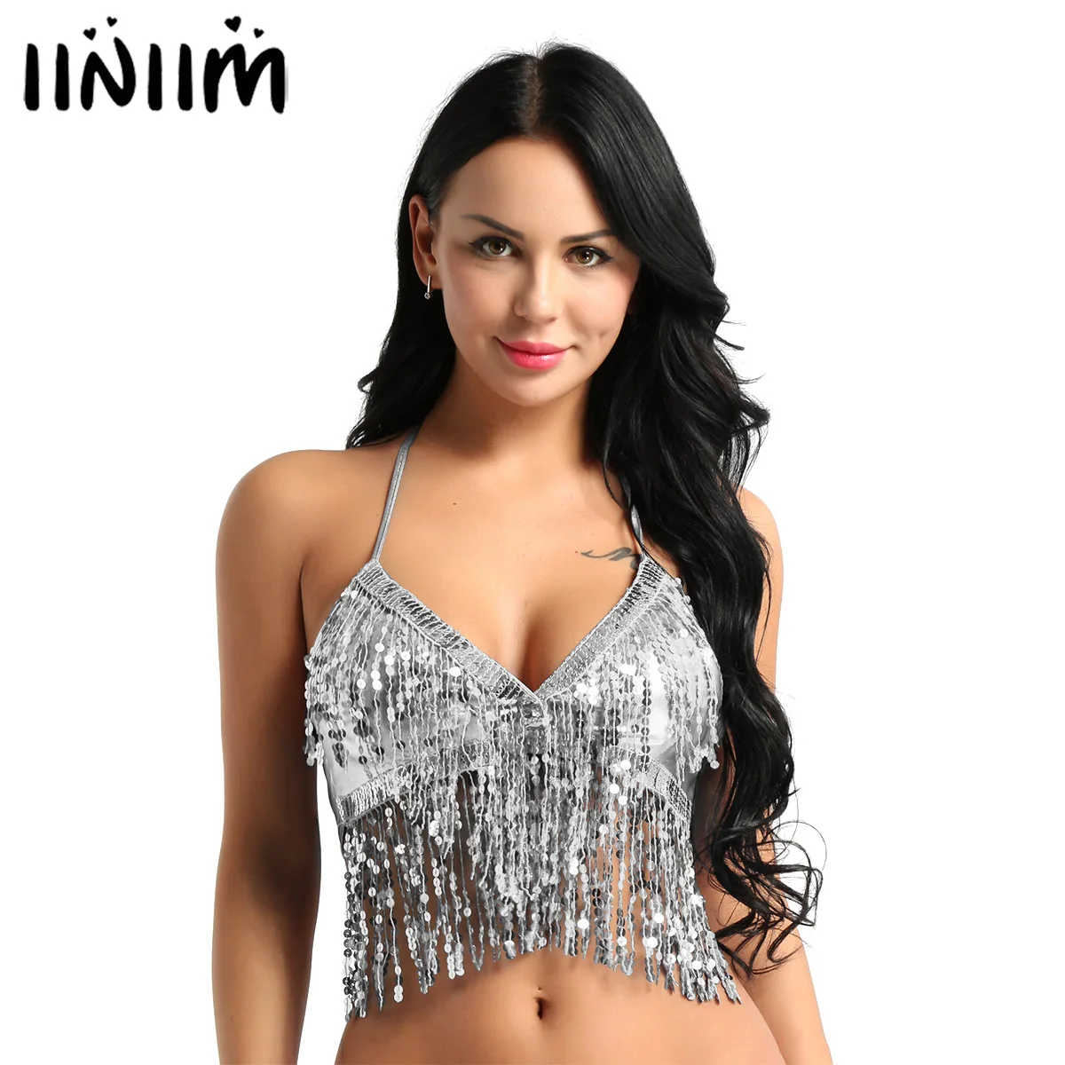 Женская Одежда для танцев Wetlook с завязками на спине, латинский бюстгальтер для коктейлей, топ с блестками и кисточками, вечерние Клубные костюмы, сексуальные топы