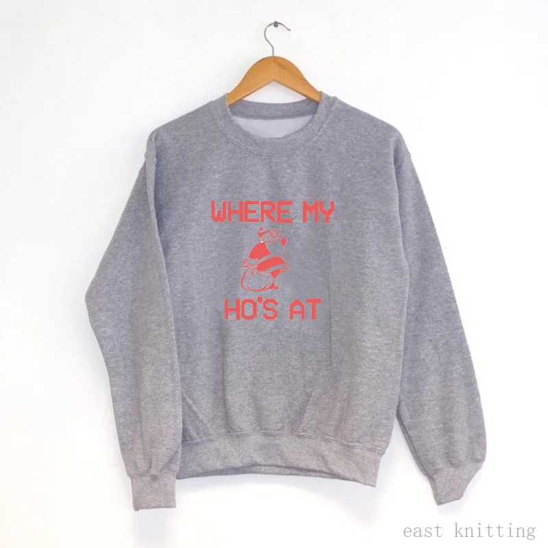 Where My Hos At Funny Red Letter Рождественский подарок Модный Графический хлопковый женский свитер Kawaii Женский пуловер рубашка с длинными рукавами